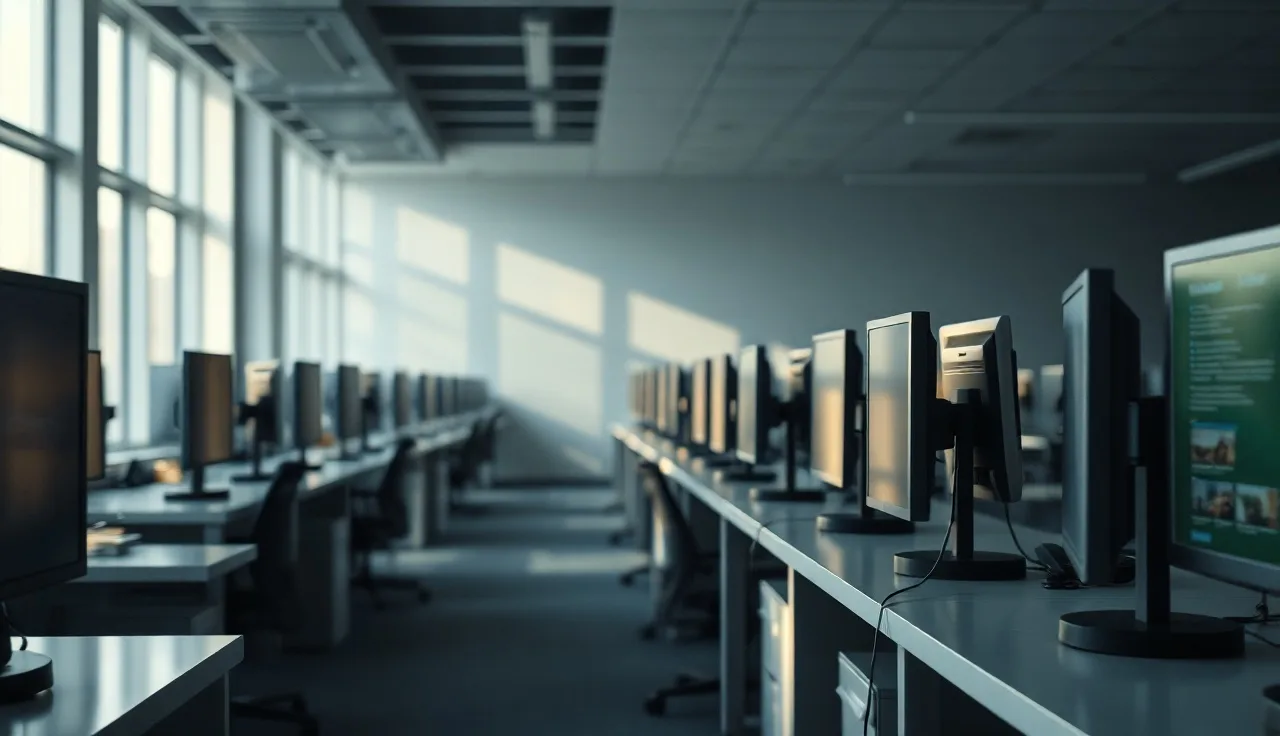 Empty contact center desks with headsets and monitors in late afternoon light