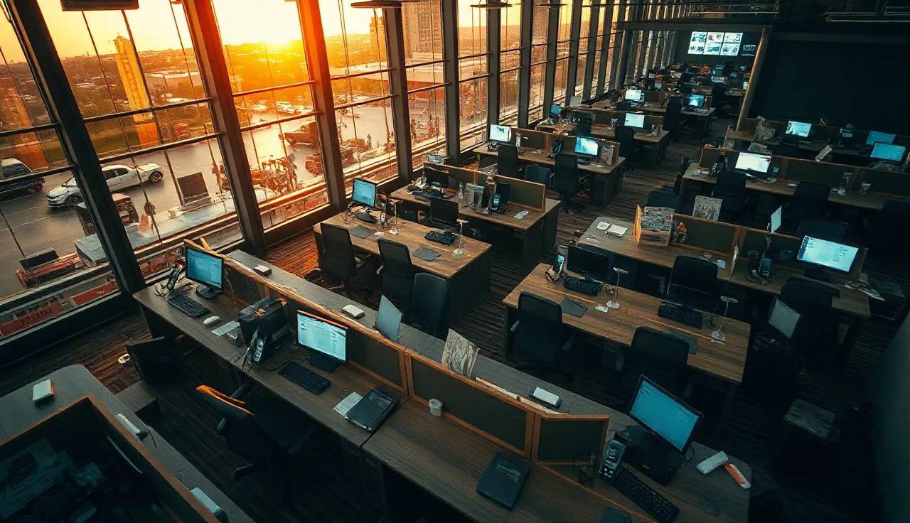 Empty call center floor with headsets on desks, autodialer compliance concept