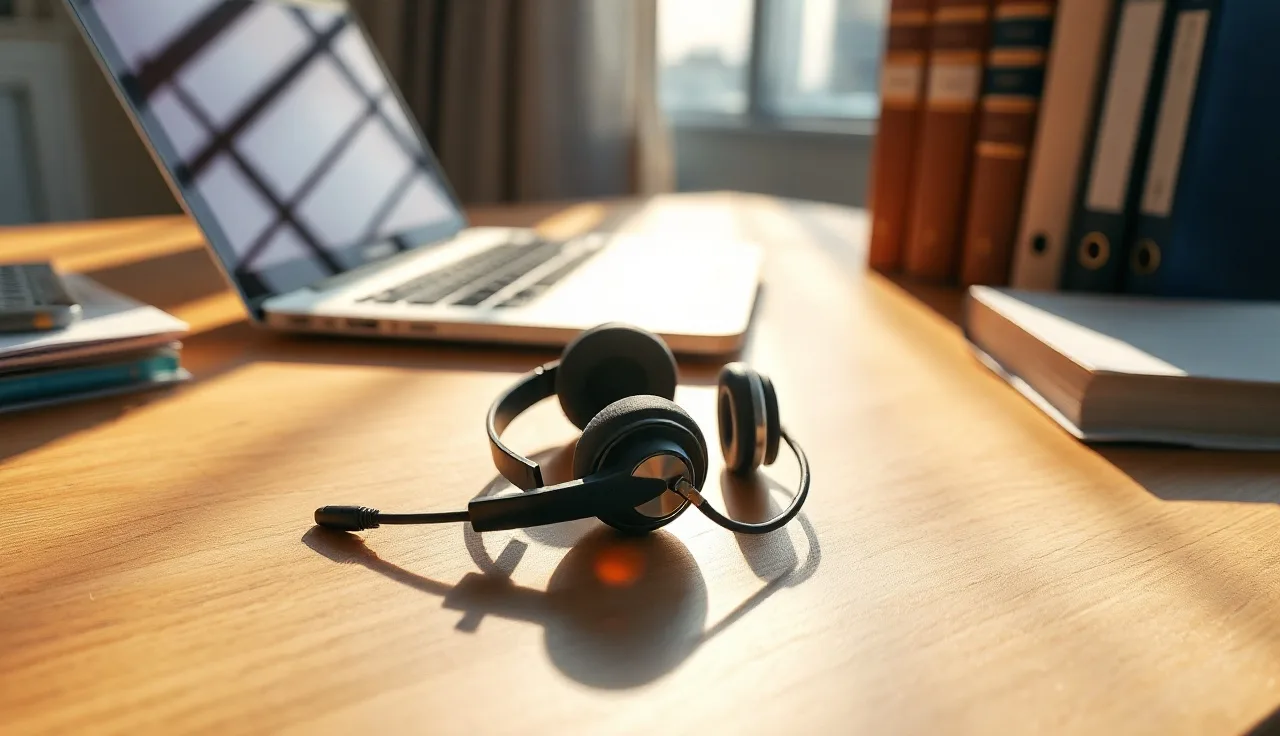 Compliance desk with headset and binders for TCPA management review