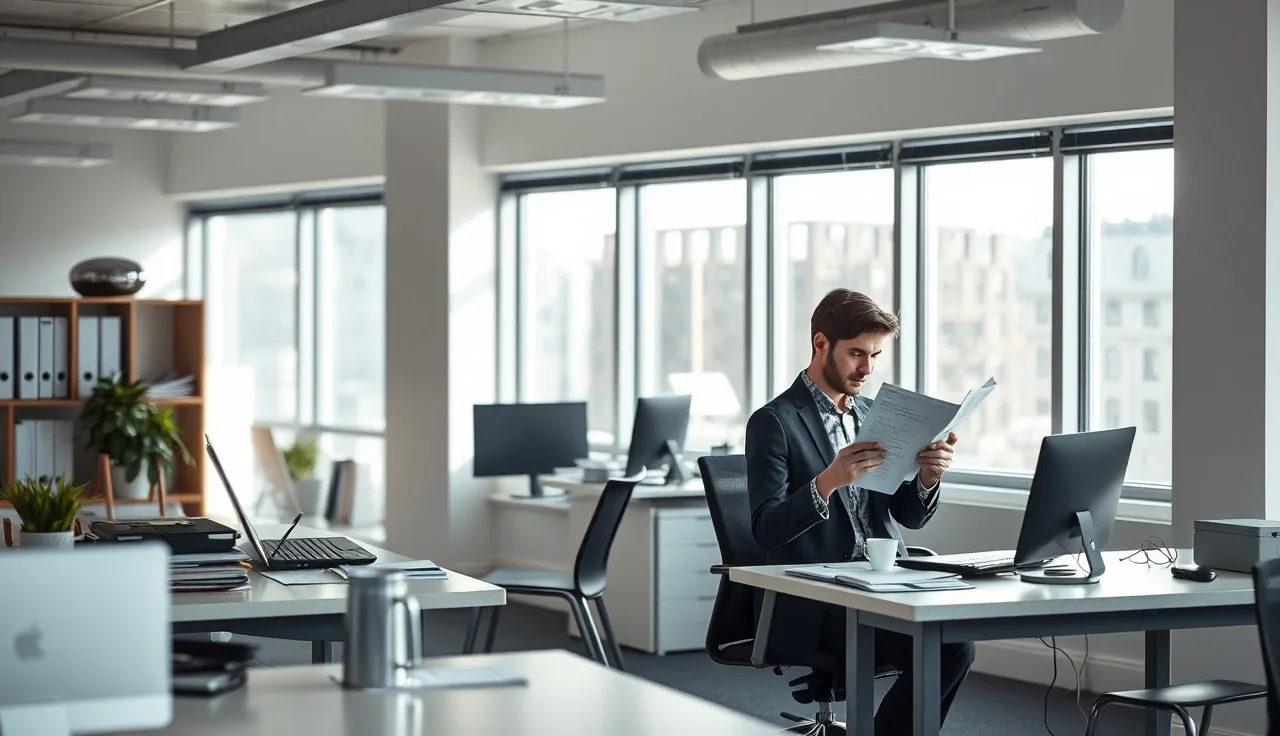 Two outbound sales reps reviewing call compliance documents at a shared office desk
