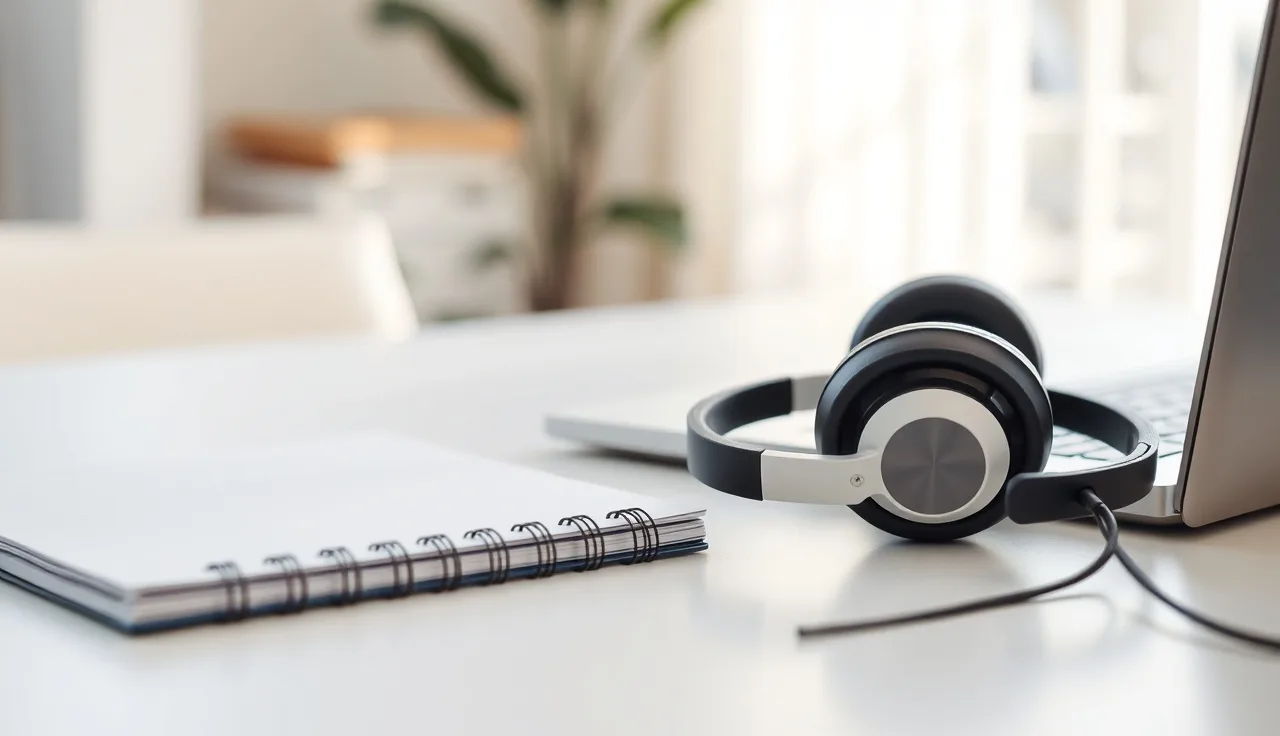 Headset on a desk with a laptop, representing call center TCPA compliance work