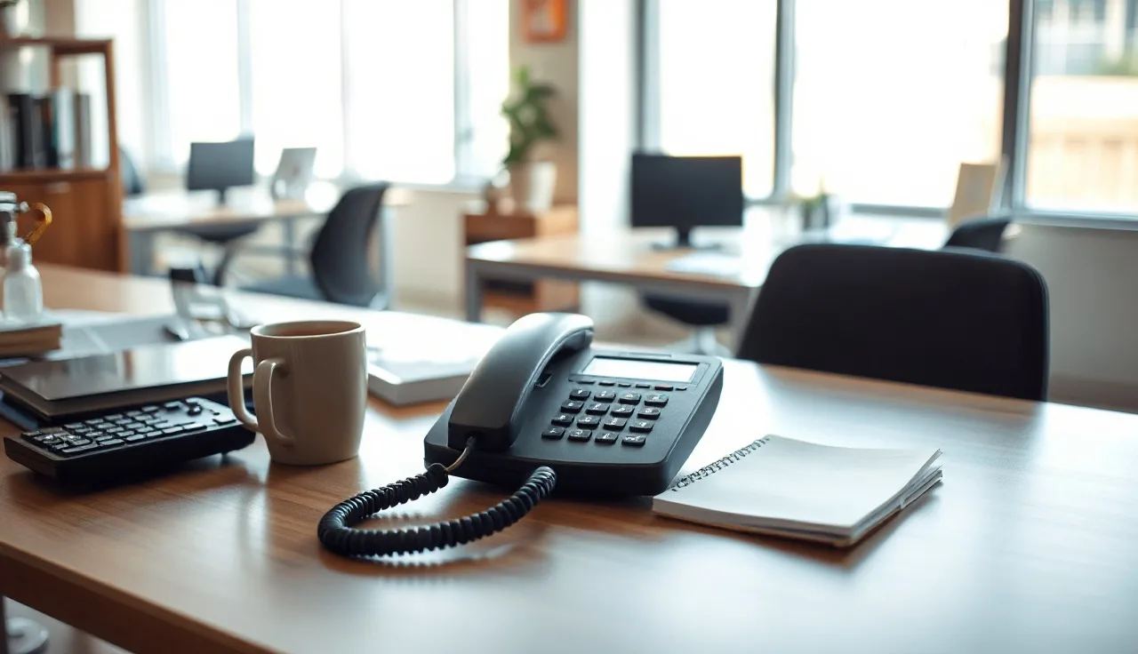 Telephone handset on a desk in a quiet office, representing outbound call compliance