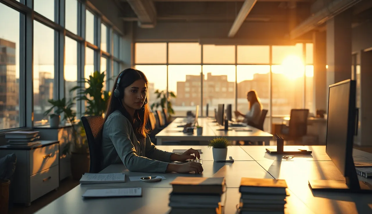 Call center agent at a clean desk with headset, compliant outbound calling setup