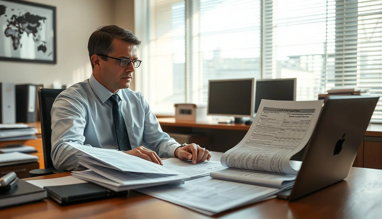Compliance officer reviewing outbound sales audit spreadsheets at office desk
