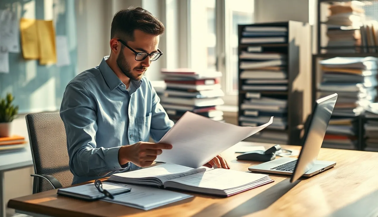 Compliance officer reviewing outbound call records at a desk for TCPA compliance
