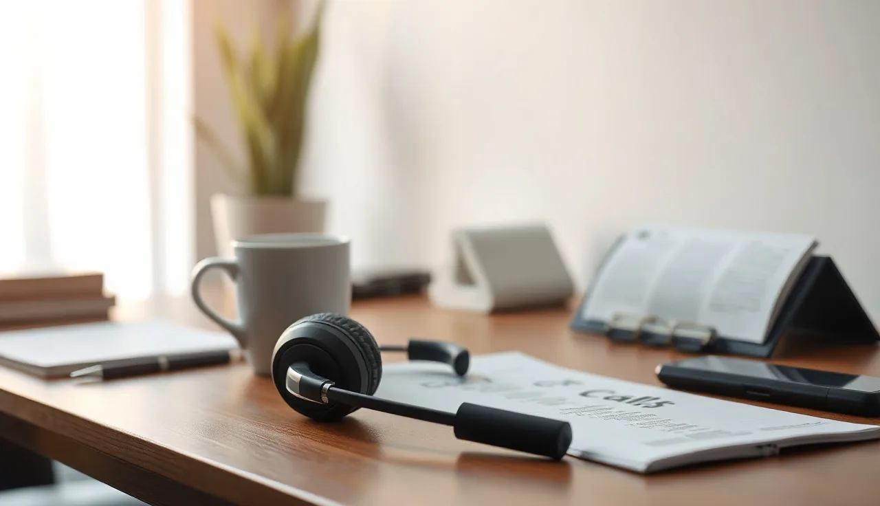 Headset and call list on a desk with morning window light, outbound sales compliance