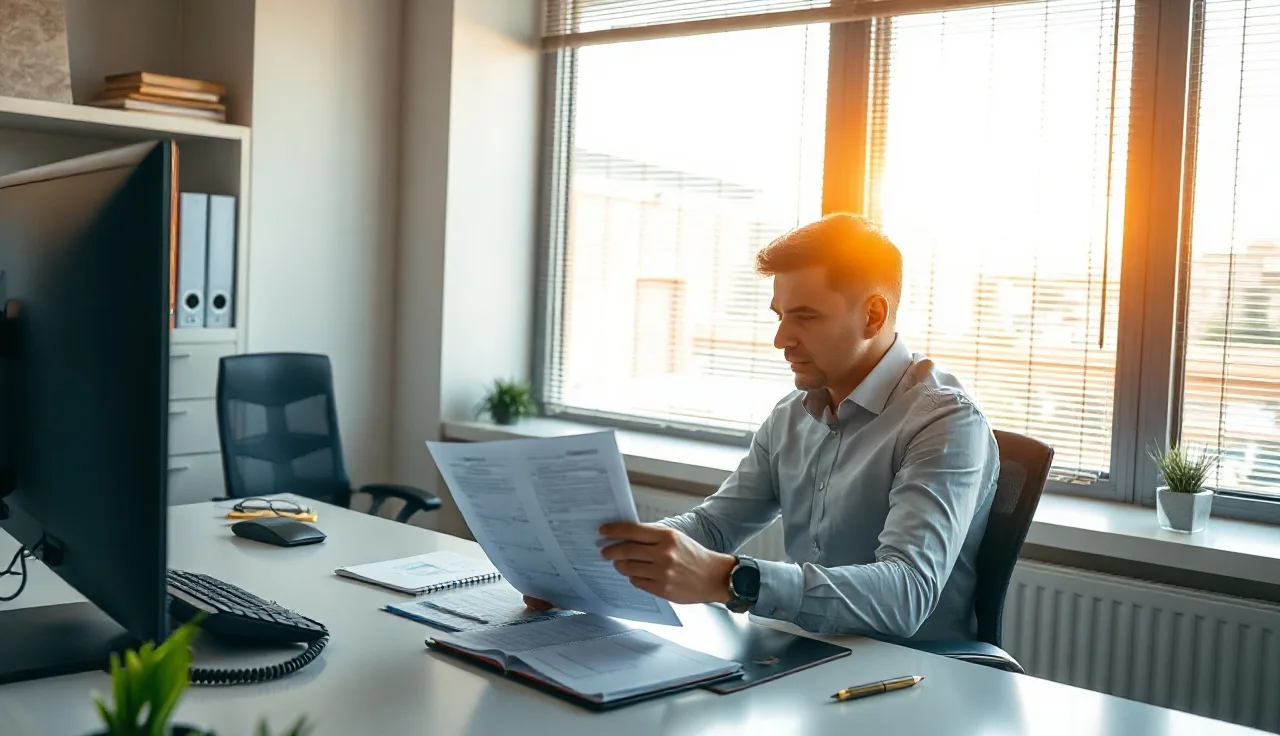Compliance officer reviewing outbound call logs at a desk for TCPA compliance